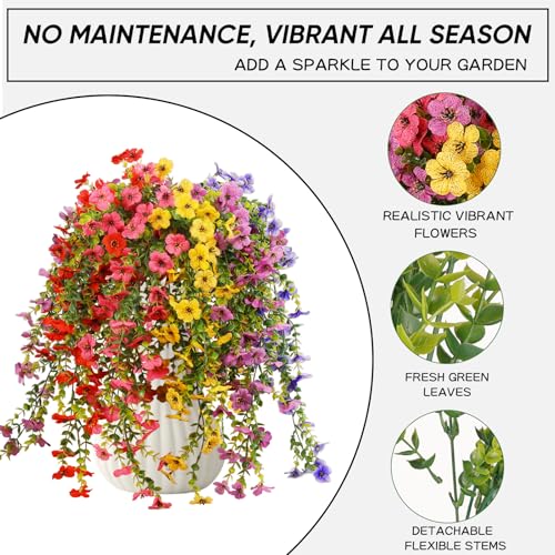 6 Bundles Artificial Flowers for Outdoors,UV Resistant Fake Hanging Flower,Realistic Silk Flowers for Indoor Outside Garden Patio Balcony Farmhouse Porch (Fuchsia, Red, Purple, Yellow, Blue) - color: 5 Multicolor