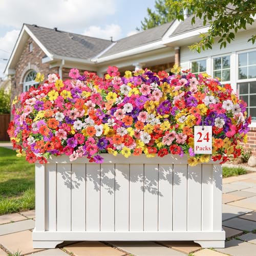 Alupssuc 24 Bundles Artificial Flowers for Outdoors Decoration, UV Resistant Silk Faux Daisy Flora Spring Fake Plastic Plants Greenery for Outside Indoor Yard Home Porch Window Box Decor, Mix 8 Colors - color: Red Rose Purple Deeppurple Orange Yellow Pink