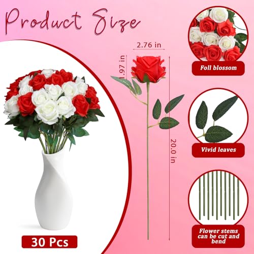 30pcs Fake Roses Artificial Silk Flowers Long Stems Bouquet for Wedding Bridal Shower Party Home Decoration (White + Red) - color: White + Red