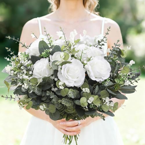 120 Pcs Mixed Artificial Eucalyptus Leaves Stems Bulk,Baby Breath Artificial Flowers Bulk with Eucalyptus Leaves Greenery Stems for DIY Bouquets Wedding Floral Home Decor (Green+White-120pcs) - color: Green+white-120pcs