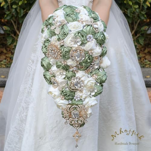 Luxury Cascade Bridal Wedding Bouquet Satin Rose Waterfall Holding Bouquet Artificial Flower Bunch for Bride Bridesmaid(Sage Green & Ivory, 17.3" x 8.7") - color: Sage Green & Ivory, size: 17.3"L x 8.7"W(44cm x 22cm)
