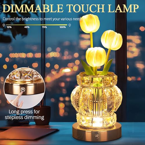 Tulip Table Lamp, Rechargeable Cordless Touch Dimming Artificial Tulip Flower Desk Lamp, LED Crystal Lamp Flower Bedside Night Light, Romantic Gifts for Girl Women Mom (White - Tulip) - color: White - Tulip