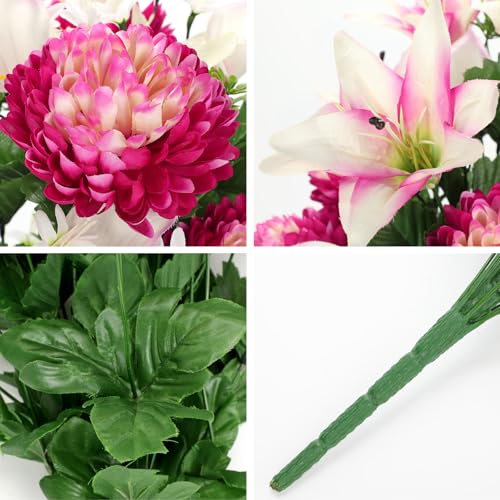 Briful Artificial Flowers for Cemetery, Cemetery Flowers for Grave, Weather Resistant Cemetery Flowers for Vase, Large Sympathy Grave Floral Arrangement with Lily Chrysanthemums Flowers - color: Fuchsia, size: 25.9 in. Cemetery Flowers Bouquet