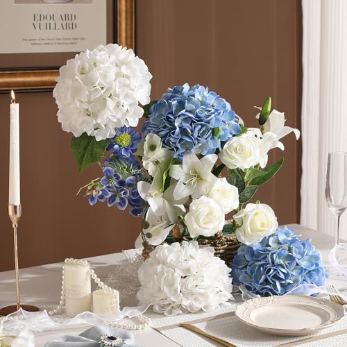 Nubry 4Pcs Hydrangea Artificial Flowers, 22.5In Latex Faux Real Touch Large Hydrangea Flowers with Long Stems & Leaves for Home Office Decor Wedding Party Arrangements(White&Blue) - color: White&blue, size: 4 Pcs