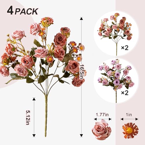 Artificial Rose Flowers for Outdoor 4 Bundles Rose Bouquet with Daisy Faux Flowers UV Resistant for Home Indoor Outside Garden Porch Window Box Balcony Yard Porch Fall Decor (Purple+Brown) - color: Purple+brown