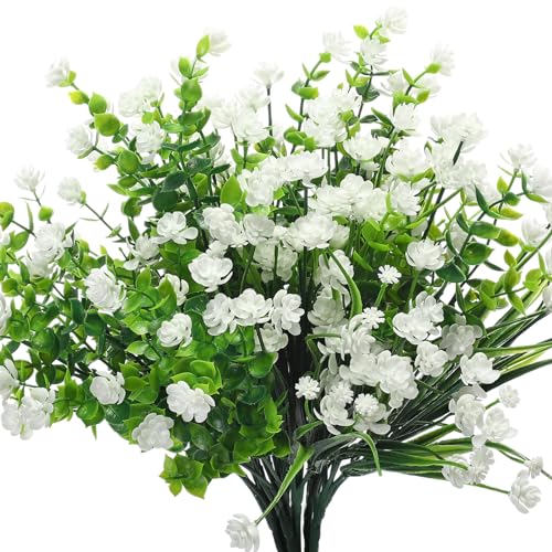 WILLBOND 12 Bundles Artificial Flowers Outdoor, UV Resistant Faux Artificial Plants Shrubs Plastic Flower Bulk for Hanging Planter Porch Window Home Spring Summer Decor(White) - color: White