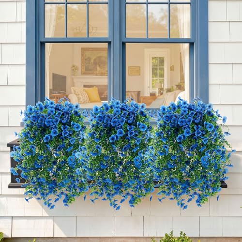 Suncalla 4 Pcs 30In Artificial Hanging Flowers for Outdoor Planter 156 Branches Trailing Faux Potted Plant Fake Floral UV & Fading Resistant for Wedding Patio Spring Summer Decor(Blue) - color: Blue