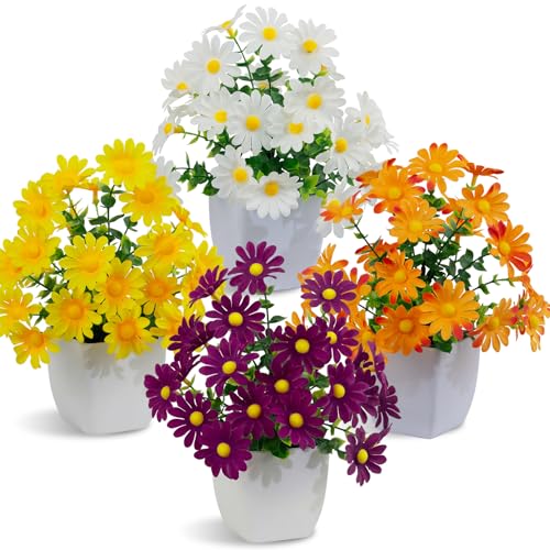 LOYWREE 4 Pack Small Artificial Mums Flowers in White Pots, Fake Mini Potted Plants, Spring Floral Decor for Home Bathroom Shelves Office Desk Table Centerpiece Indoor Decoration - color: Mums-white Pot, size: White Pot