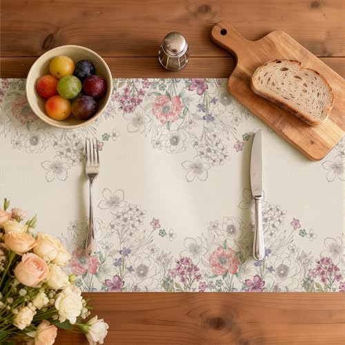 Larponder Summer Colorful Flowers Table Runner, 13x72 Inch | Table Decoration for Spring Seasonal Anniversary Holiday Kitchen Dinning Table Home Party Decor - color: Sketch Flowers-3, size: 13" x 72" (Rectangular)