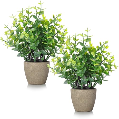 FAVOWREATH 2 Pack Fake Plants Ceramic Mini Artificial Greenery Potted Plants for Home Decor Office Decor Room Decor Farmhouse Decor Indoor Table Bathroom Decor - color: 2 Grey