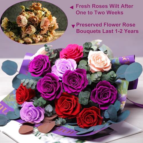 Lovenfold Flowers for Delivery Birthday Flowers Gift for Her,Preserved Flowers Bouquet 12 Roses Mixed Bouquet,Rose Gifts for Women Mom Grandma(Mixed 12 Purple-A Roses) - color: Mixed purple