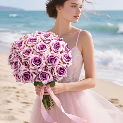 Ttranewsoo Fake Roses Faux Flowers Silk Roses Artificial Roses with Stems Realistic Artificial Flowers 24PCS Suitable for Indoor Home Decoration DIY Bouquet Wedding Decor Party Decor (Purple) 16.5In - color: Purple 24pcs