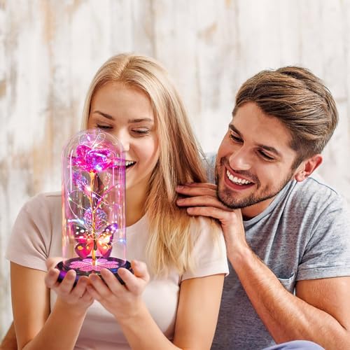 Mothers Day Mom Gifts for Mom Women Birthday Gift Galaxy Glass Rose in Glass Dome Forever Eternal Crystal Flowers with Butterfly Mother's Day Flowers Gifts for Women Wife Grandma Daughter Sister Pink - color: D Pink
