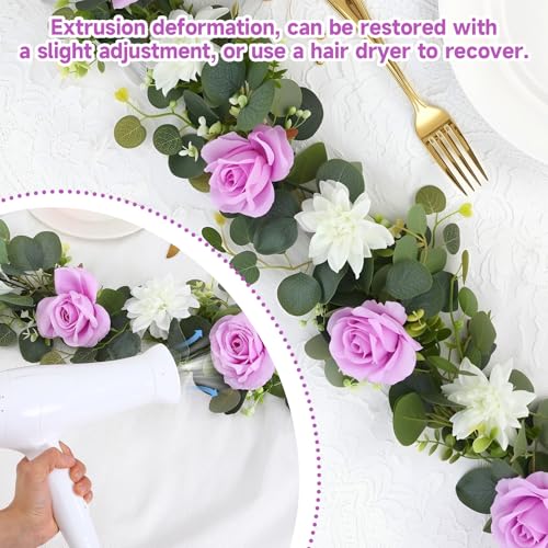 4 Pack Wedding Garland Set, Purple Rose & White Dahlia Hanging Flower Vines for Wedding Arch, Backdrop, Mantel, Home Decor (5.91ft) - color: Purple White