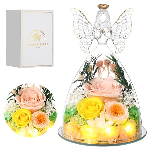 Mothers Day Rose Gifts for Women Preserved Real Flower in Glass Angel Figurines Roses for Delivery Prime Birthday Gifts for Mom Grandma Girlfriend Wife Her, Champagne Austin Roses - color: Champagne With Austin Roses