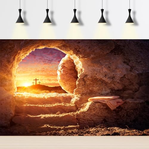 Empty Tomb Backdrop Sunrise Sunset Jesus Christ Crucifixion Resurrection Cave Photography Background Holy Lights Easter Background Three Crosses Jesus Christ Backdrop Props Banner 5x3ft - color: Gloden, size: 5x3ft