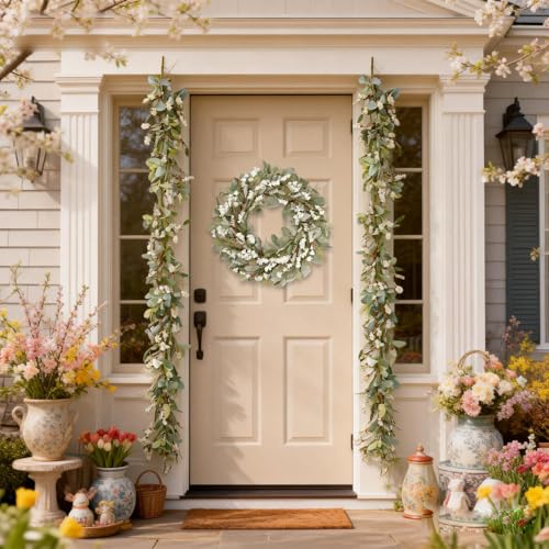 70 Inch Lamb Ears Greenery Garland with Ivory Forsythia Flowers, Year Round Farmhouse Floral Garland for Mantel Stair Fireplace, All Seasons Indoor Outdoor Everyday Decor - color: Garland
