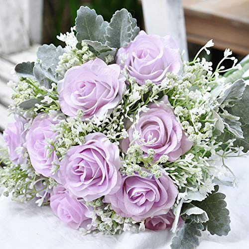 FiveSeasonStuff Real Touch Roses Artificial Flowers, Wedding Silk Flowers Bouquet & Floral Arrangement 12 Stems (Pale Lavender) - color: Pale Lavender