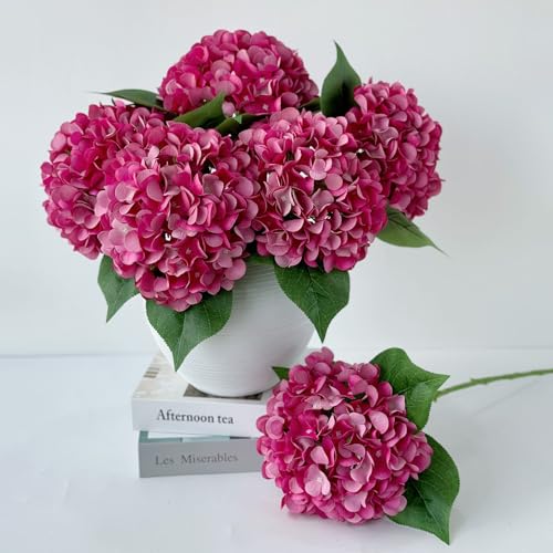 ZYTUYO 5 Pcs Magenta Silk Hydrangeas Artificial Flower Boho Dried Touch 20'' Faux Hydrangeas for Fall Home Decor Kitchen Living Room Porch Wreath Xmas Wedding Flower Arrangement - color: Magenta