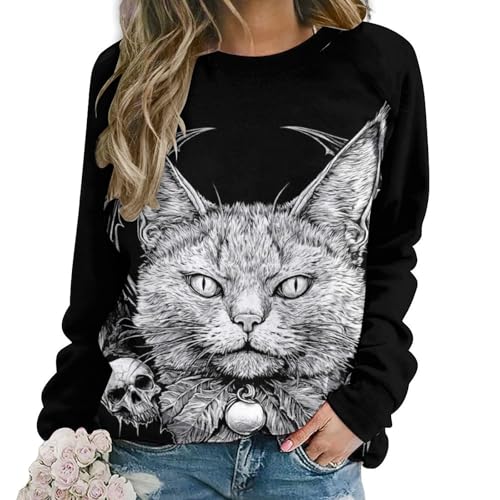 domirica Halloween Sweatshirts for Women Black Cat Print Pullover Crewneck Oversized 2024 Fall Fashion Casual Warm Shirt - color: Akuma, size: 3X-Large