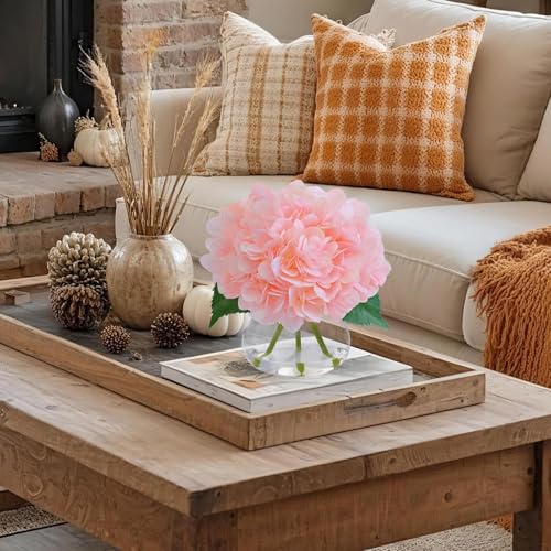 Hydrangea Artificial Flowers in Vase, White Silk Fake Flowers Silk Centerpiece Table Decorations for Dining Room， Coffee Table Decor，Wedding, Home with Faux Water Decor (New Pink) - color: New Pink