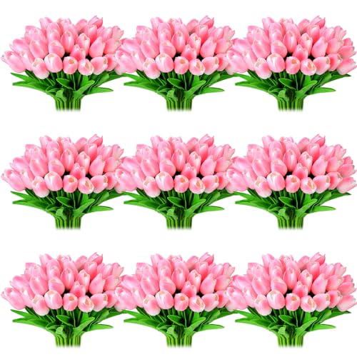 Jexine 100 Pcs Artificial Real Tulips Fake Artificial Tulip Flower Bulk Bouquet with Stem for Table Centerpieces Wedding Bridal Easter Mother's Day Garden Home Decor, 13.4''(Pink) - color: Pink