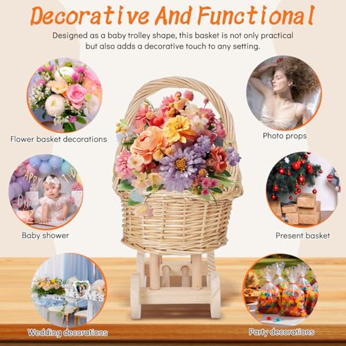 VICASKY Cute Small Basket Handle Baby Shower Basket Rattan Flower Girl Basket for Wedding Dec