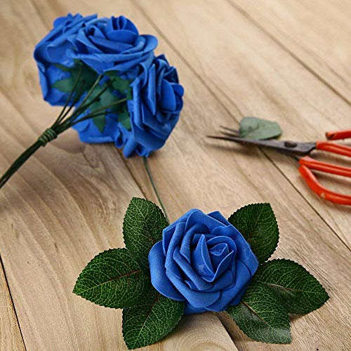 Higfra Artificial Flowers 25pcs Real Looking Royal Blue Foam Fake Roses with Stems for DIY Wedding Bouquets White Bridal Shower Centerpieces Arrangements Mothers Day Party Tables Decorations - color: Royal Blue, size: 25Pcs