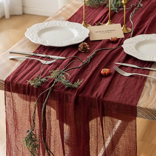 Keketoarrange Burgundy Red Cheesecloth Table Runner Gauze 120 Inch 10 FT Rustic Boho Cheese Cloth Runner for Wedding Baby Bridal Shower Party Long Sheer Centerpiece Summer Home Decorations - color: Burgundy, size: 35"x120"(Pack of 1)