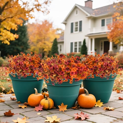 INQCMY Artificial Fake Fall Plants Flowers for Outdoor Outside Decoration,12 Bundles Faux Silk Daisy Flowers UV Resistant Look Real No Fade for Front Door Porch Patio Yard Balcony Autumn Decor - color: Orange Brown, size: 12 PCS