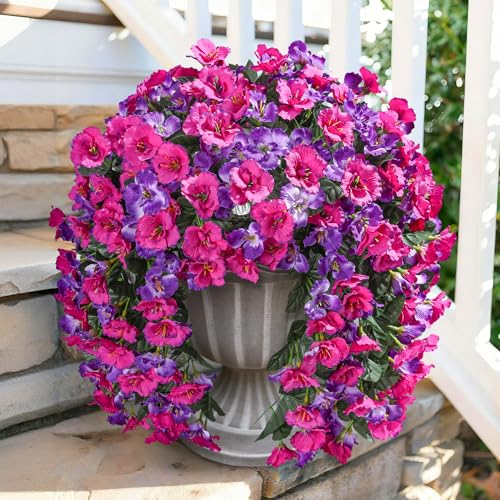 Hibiscus Artificial Fake Hanging Flowers Plants for Outdoor Spring Decoration, 2PCS UV Resistant Faux Hibiscus Silk Flowers Realistic Look Real for Planters Outside Porch Patio Yard, Violet Fuchsia - color: A-violet Fuchsia, size: 2pcs