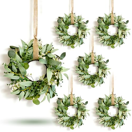 6 Pcs Mini Eucalyptus Wreaths for Cabinets with Greenery Artificial Leaves Spring Summer Small Candle Rings Wreaths for Home Kitchen Front Door Window Farmhouse Porch Wall Hanging Decor - color: Green