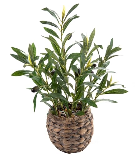 17.7" Small Boho Artificial Olive Plant, Faux Greenery in Brown Handwoven Rattan Basket, Ideal for Office Desk Kitchen Shelf Home Decor - color: Olive