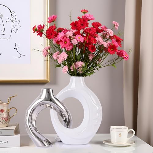 LCCCK White and Silver Ceramic Vases for Home Decor, Boho Vase for Flowers Pampas Grass Decorative, White Silver Hollow Donut Small Vase for Living Room Table Wedding Centerpiece Modern Vases - color: White and Silver