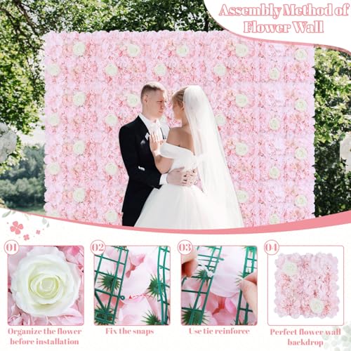 FOTSHARER Pink Flower Wall Backdrop 12 Pack 3D Flower Wall Panel 15'' x 15'' Silk Rose Floral Walls Artificial Flower Panels for Backdrop Floral Wedding Background for Bridal Shower Party Events - color: Light Pink