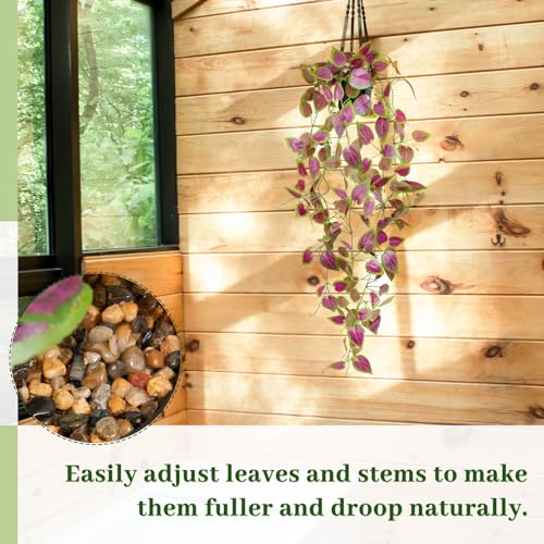 Artificial Hanging Potted Plants, Small Fake Purple Potted Plant Faux Ivy Vine Plant for Shelf Home Office Indoor Outdoor Garden Greenery Decor (Black Pot) - color: Perilla