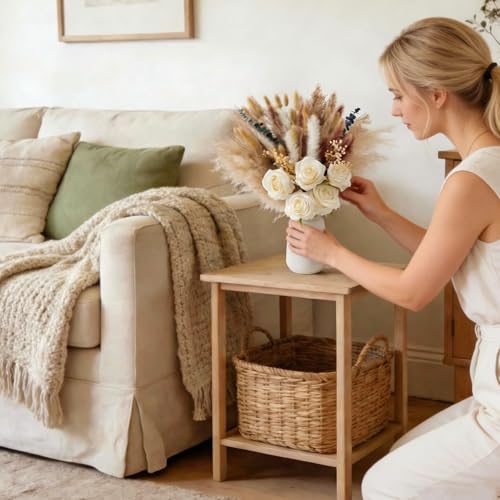 100pcs Dried Pampas Grass with Vase, Includes Artificial Silk Roses, Boho Natural Dried Flowers for Coffee Table Dining Room Home Decor Centerpiece, Farmhouse Rustic Floral Decoration for Living Room