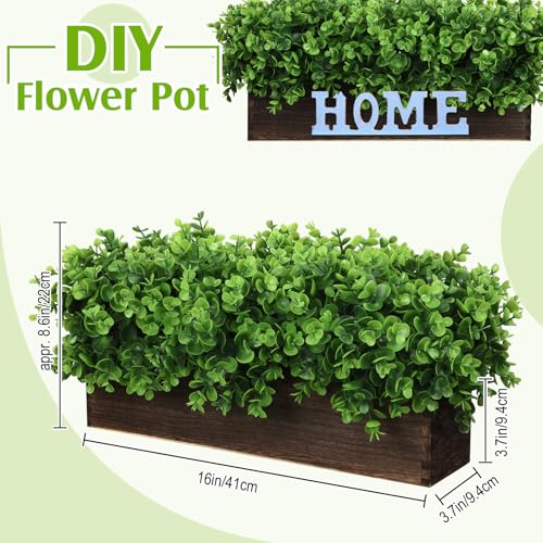 Lyrow 2 Pack Artificial Eucalyptus Plant in Rustic Rectangular Wooden Planter Box Greenery Faux Potted Herb Plant for Indoor Wedding Table Centerpiece (Emerald,16 x 3.7 x 8.7 Inches,Stylish Style) - color: Brown, size: 16.1 Inch, style: Emerald Green Roun