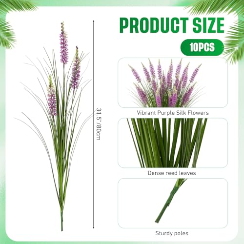 Jexine 10 Pcs Artificial Lavender Flowers 31.5" Tall Faux Lavender Stems with 3 Flower Heads Each, UV Resistant Purple Outdoor Plants Grass for Planter Filler, Porch Garden, Wedding, Home Decor - color: Purple, size: Lavender