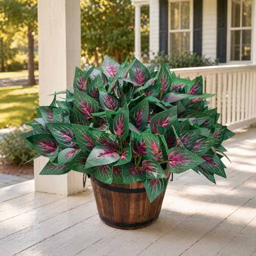 Artificial Plants for Outdoor Porch Planters, Realistic Faux Coleus Greenery UV Resistant, Fake Silk Look Real Bushes Shrubs for Outside Front Door Patio Pots Spring Summer Decor, 12 Bundles - color: Red