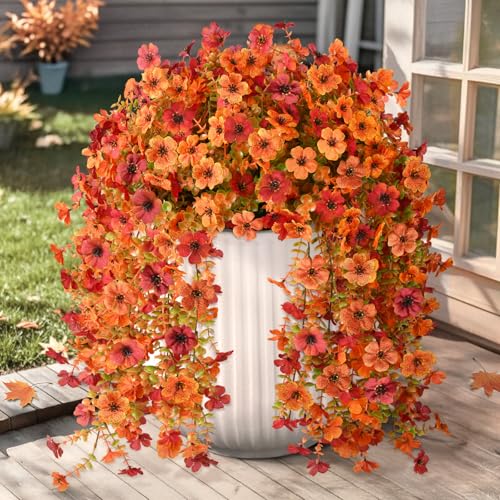 Artificial Fall Fake Flowers for Outdoor, 2 Pcs Faux Hanging Flowers Outdoor Fall Decor, UV Resistant No Fade Fake Mums Silk Flower for Front Door Porch Planters Patio Yard Garden(Orange Autumn Red) - color: Orange Autumn Red