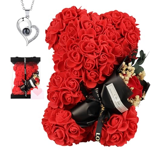 Gifts for Women Rose Bear with Bouquet and I Love You Necklace in 100 Languages, Birthday Mother’s Day Anniversary Valentines Gifts for Girlfriend Mom Wife Daughter - color: Rose Red