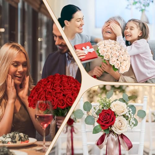 AmyHomie 48 PCS Champagne Roses Velvet Realistic Artificial Flowers with Bendable Stems for Wedding Bouquets Baby Shower Party Home Decor Fake Flowers Gifts for Valentines, Mothers Day, Womens Day - color: Champagne