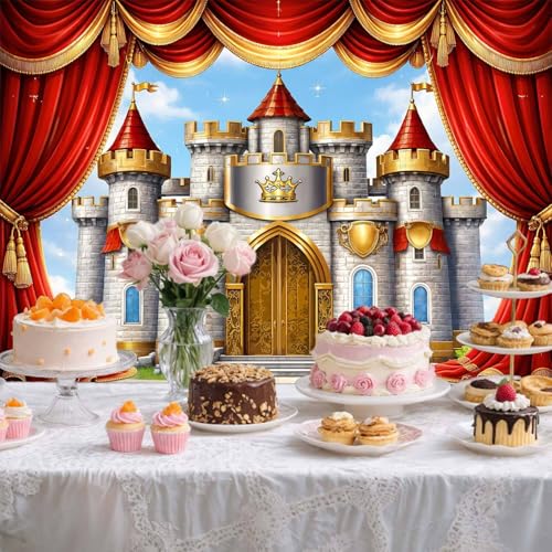 6X4ft Castle Backdrop Red Gold Stage Curtain Royal Noble Castle Photography Background Baby Shower Birthday Party Cake Table Decor Medieval Themed Photo Booth Props Wall Decor Banner - color: Multi13, size: 6X4FT