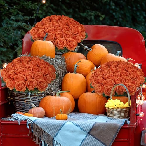 30pcs Fake Roses Artificial Silk Flowers Long Stems Bouquet for Wedding Bridal Shower Party Home Decoration (Orange) - color: Orange