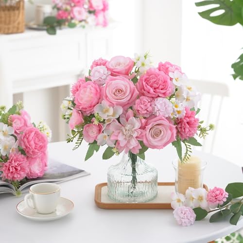 4 Pcs Mixed Artificial Flowers Set, Small Artificial Peony Bouquet Fake Rose Flower Silk Floral Arrangements for Table Centerpiece Home Wedding Party Bridal Decoration(Pink, 2 Bouquets & 2 Stems) - color: Light Pink, size: Mixed 4pcs