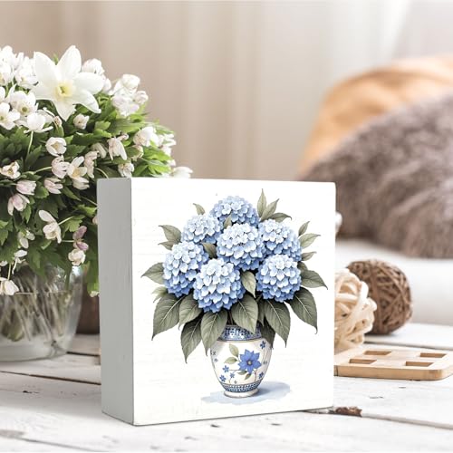 Blue Hydrangea Flowers Decor Wooden Signs,Chinoiserie Spring Floral Wooden Box Sign,Blue And White Decor For Home Desk Tabletop Shelf Decoration 5x5 Inches - color: Blue Hydrangea