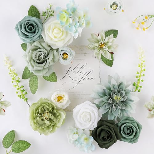 AGIRL Artificial Flowers Combo Silk Mix Green Fake Flower with Stems for DIY Wedding Bouquets Centerpieces Arrangements Table Chair Decor Baby Shower Home Decor (Sage Green) - color: Sage Green