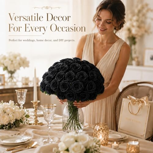 50 PCS Black Roses Artificial Flowers, Fake Roses Bouquet, Artificial Black Rose with Stems for DIY Wedding Flowers Decoration, Valentines Day Mothers Day, Bridal Bouquet Rose - color: Black, size: 50 Pcs