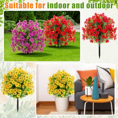 Suncalla 6 Pack Artificial Boxwood Topiary Ball Tree with Violet Flowers, 20" Outdoors Fake UV Resistant Plants with Ground Spike Faux Eucalyptus Shrubs Bushes for Porch Patio Garden (Colorful Flower) - style: Colorful Flower